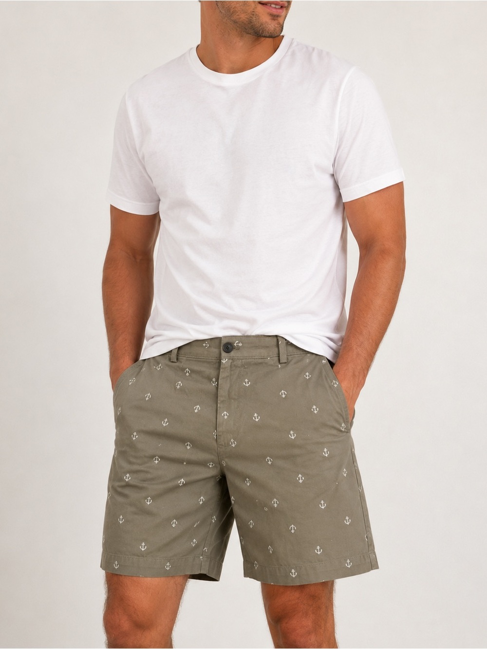 Men's Anchor Print Shorts Size 36 Khaki Nautical Summer Casual Cotton